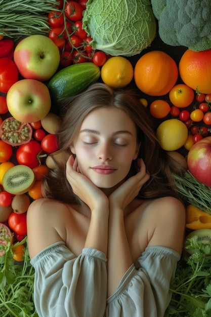 Jonge vrouw gekleed in een jurk ligt tussen groenten en fruit Vegetarisch voedselconcept Generatieve AI