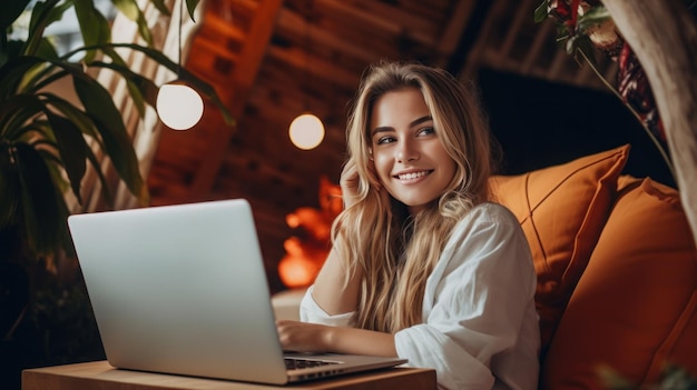 Jonge vrouw gelukkig aan het werken aan de laptop in het moderne appartement comfortabel