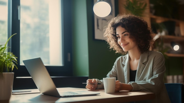 jonge vrouw gelukkig werk vanuit huis en overdag