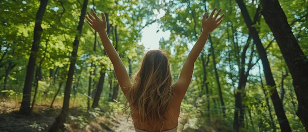 Jonge vrouw geniet van de frisse lucht in een groen bos met haar armen omhoog