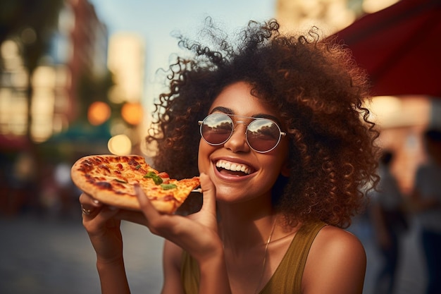 Foto jonge vrouw geniet van een heerlijke pizza