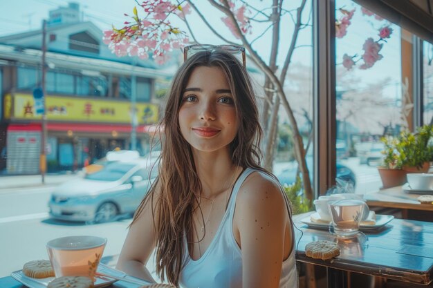 Jonge vrouw geniet van een ontspannend moment in een gezellig café met uitzicht op de stadsstraat en bloeiende bloemen