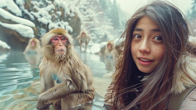 Jonge vrouw geniet van een wintervakantie bij een sneeuwige warmwaterbron met Japanse makaken