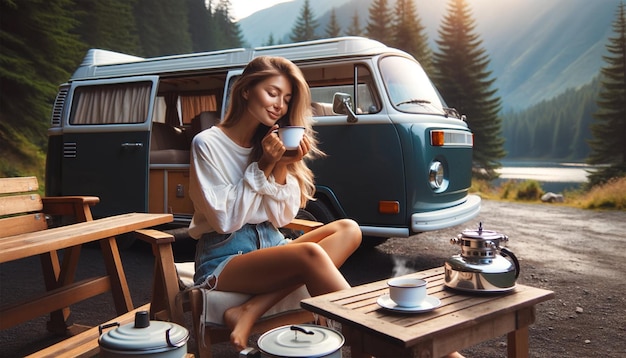 Foto jonge vrouw geniet van haar ochtendkoffie buiten een retro vintage camper van