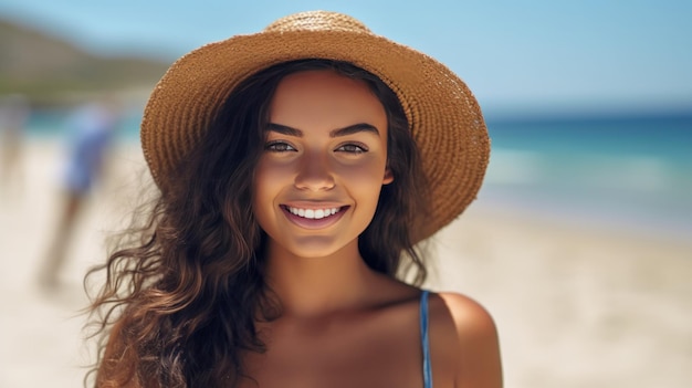 Jonge vrouw geniet van haar zomervakantie op een zonnige dag op het strand Illustratie AI GenerativexA