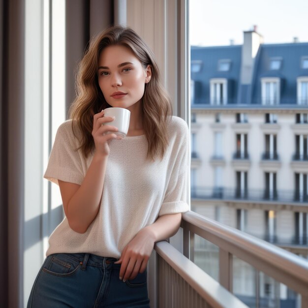 Foto jonge vrouw geniet van je koffie met uitzicht op parijs