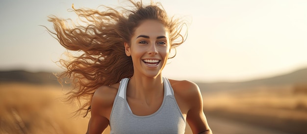 Jonge vrouw glimlachend en joggen langs een landweg die vitaliteit uitstraalt in een actieve levensstijl