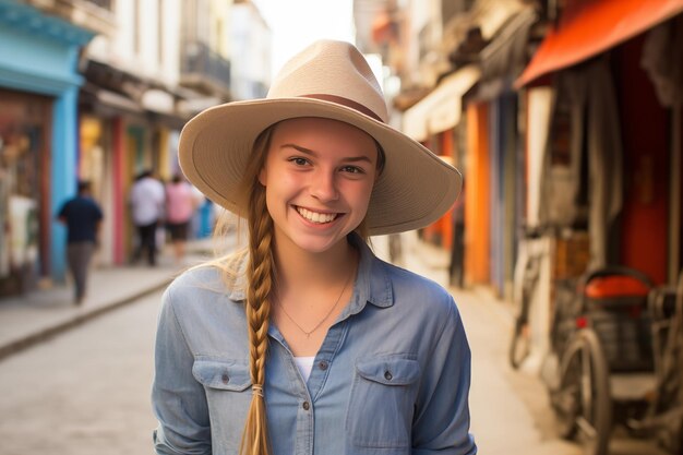 Foto jonge vrouw glimlachend met een hoed en een vlecht in haar haar met een blauw shirt op een straat in een oude stad