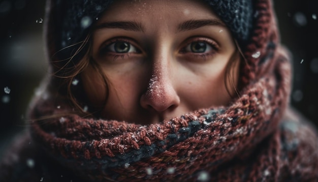 Jonge vrouw glimlacht bij koud winterweer gegenereerd door ai