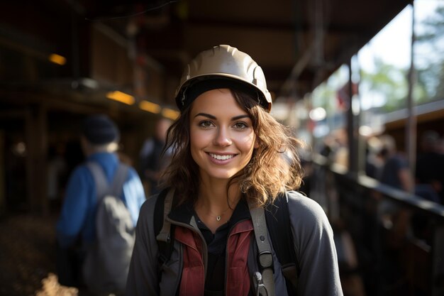 Foto jonge vrouw glimlacht die in de bouw werkt en beschermende kleding en helm draagt