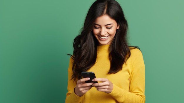 Jonge vrouw glimlacht en houdt haar smartphone vast op een gekleurde achtergrond