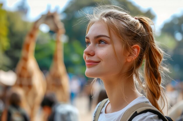 Jonge vrouw glimlacht en kijkt op naar een giraf in een zonneschijnde dierentuin die van een prachtige dag in de open lucht geniet