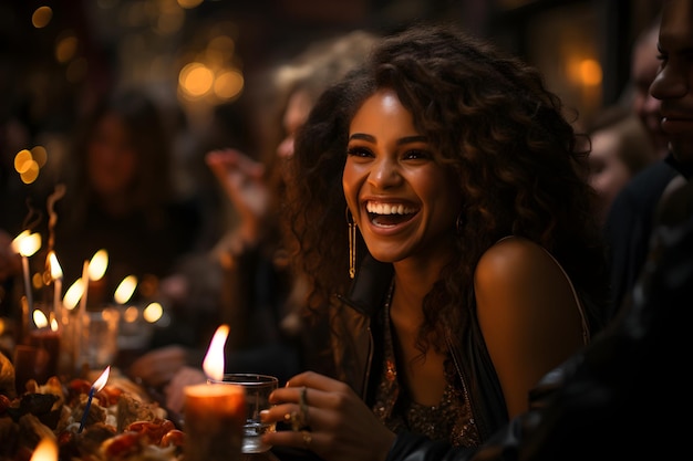 Jonge vrouw glimlacht gelukkig op een feestje toont haar mooie tanden in een heldere sfeer