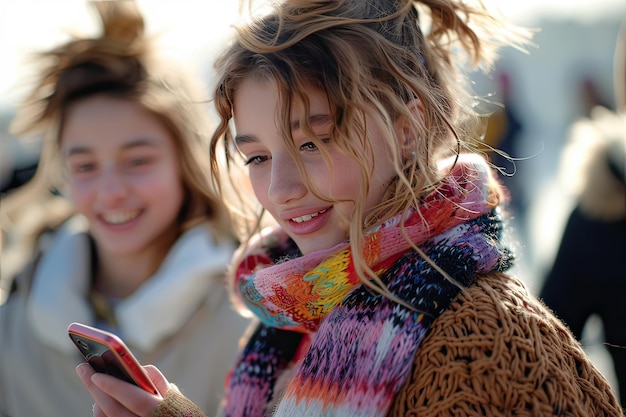 Jonge vrouw glimlacht naar mobiele telefoon buiten Generatieve AI