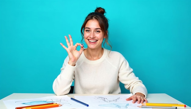 Jonge vrouw glimlacht oké gebaar terwijl ze aan een wit bureau tekent tegen een blauwe achtergrond