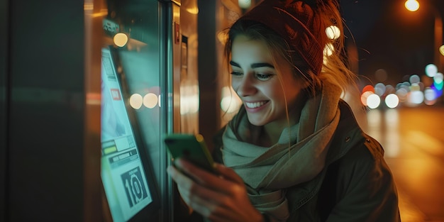 Jonge vrouw glimlacht terwijl ze's nachts een smartphone gebruikt stedelijke moderne levensstijl levendige kleuren en stadsverlichting benadrukken een moment van connectiviteit AI