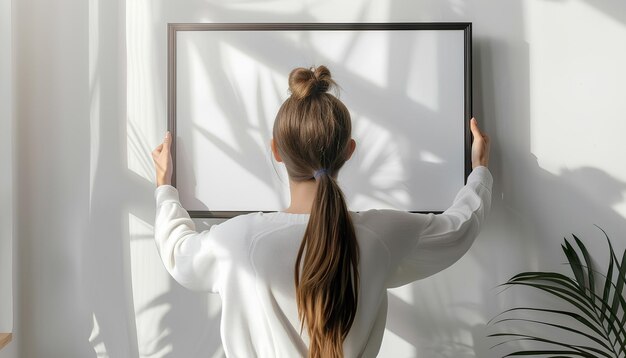 Jonge vrouw hangt een leeg frame op een lichte muur in huis