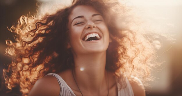 Jonge vrouw hippie met lang haar lachend op een muziekfestival