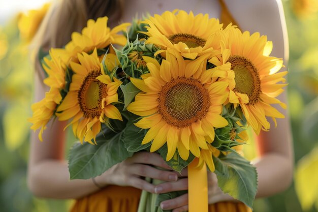 Foto jonge vrouw houdt een boeket zonnebloemen vast generatieve ai