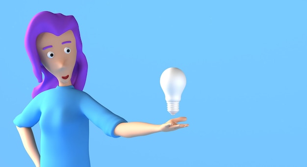 Jonge vrouw houdt een gloeilamp drijvend op haar handpalm 3D illustratie Ruimte kopiëren