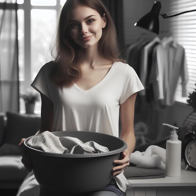 jonge vrouw houdt wasbak met wasgoed in handen kijkt naar de camera en glimlacht terwijl ze thuis staat