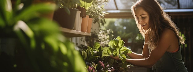 Foto jonge vrouw houdt zich bezig met tuinieren door de planten in haar huis te verzorgen