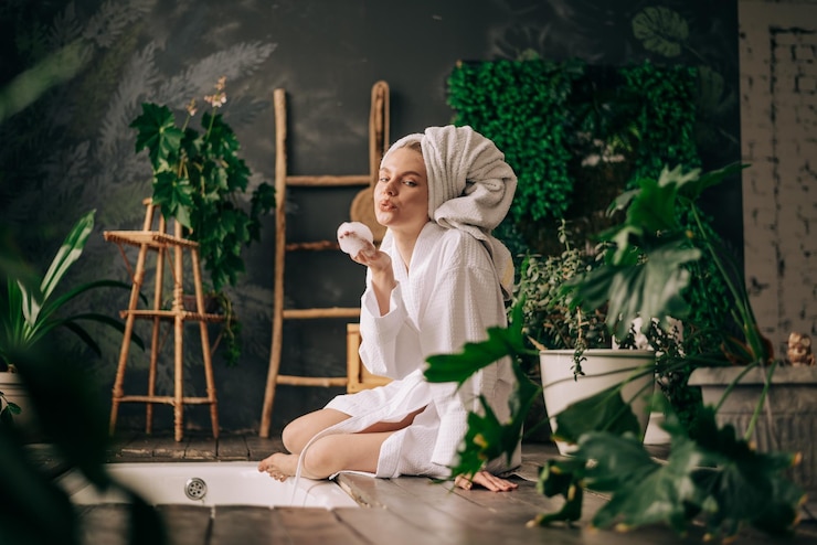 Foto jonge vrouw in badkamer met badjas en handdoek binnen levensstijl huidverzorging en wellness concept