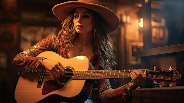 Jonge vrouw in cowboyhoed speelt gezellige country nummers op gitaar