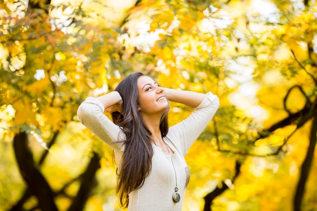 Jonge vrouw in de herfstbos