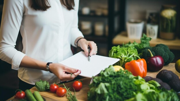 Foto jonge vrouw in de keuken met een notitieboekje die schrijft en nadenkt over gezond eten aigeneratieve ai