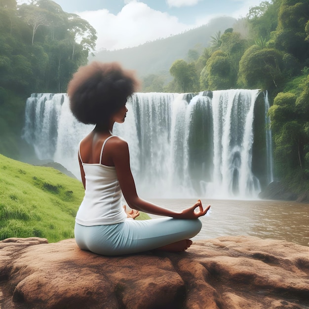 Jonge vrouw in de natuur meditatie vreedzame landschappen
