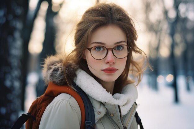 Jonge vrouw in de winter met besneeuwde achtergrond