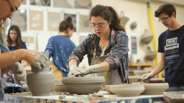 Jonge vrouw in een aardewerkstudio werkt zorgvuldig aan een keramische schaal terwijl twee andere mensen op de achtergrond aan hun eigen projecten werken