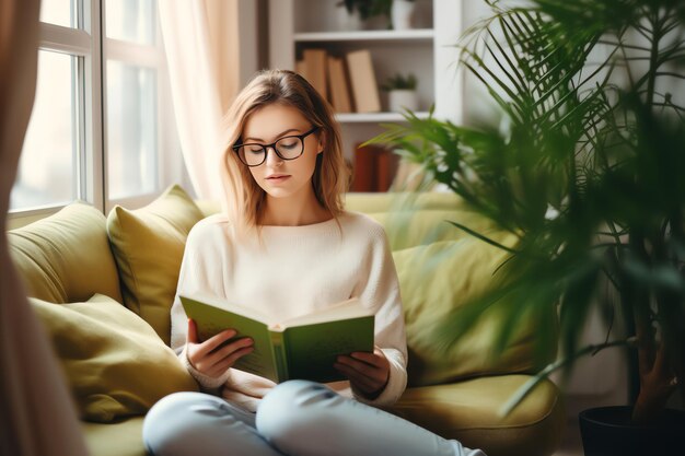 Foto jonge vrouw in een bril die op de bank zit en een boek leest in een gezellige woonkamer met groene potten boho