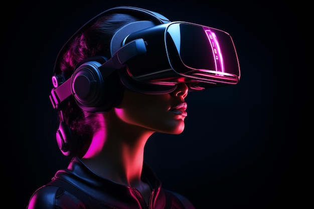 Jonge vrouw in een bril van virtuele realiteit Neon licht door generatieve Ai