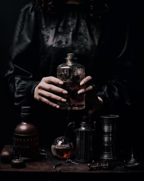 Jonge vrouw in een donker hemd die het vereiste ingrediënt voor een cocktail uit een fles met een bruine alcoholdrank giet