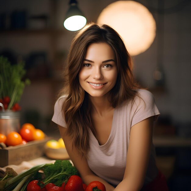 Jonge vrouw in een gezellige goed verlichte interieur omringd door fruit en groenten op tafel