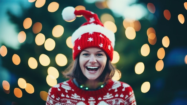 Jonge vrouw in een kersttrui en een kerstmanhoed.