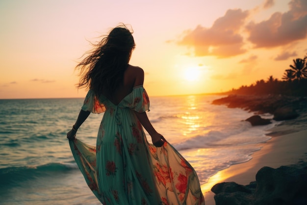 jonge vrouw in een tropische jurk die de zonsondergang vanaf het strand bewondert