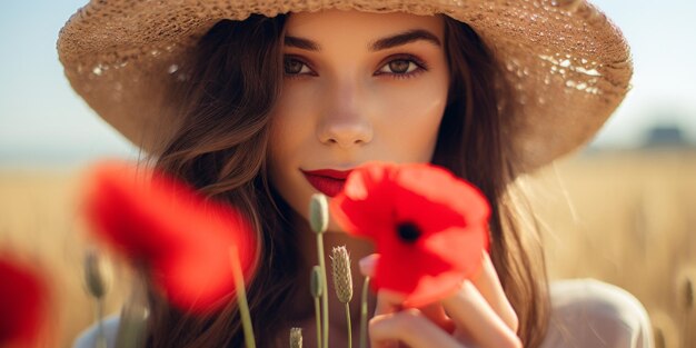 Jonge vrouw in een vintage jurk met een rode papaverbloem tegen haar gezicht in een levendig veld van papaver Generatieve AI