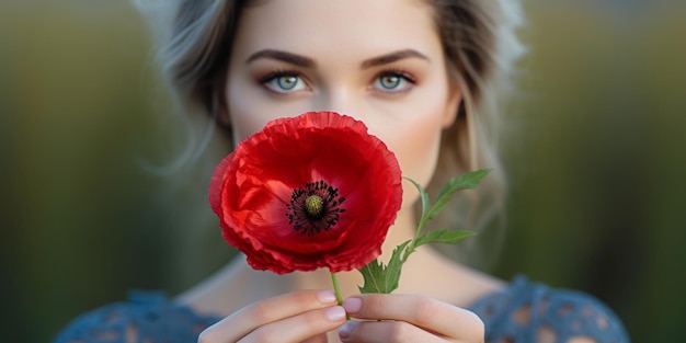 Jonge vrouw in een vintage jurk met een rode papaverbloem tegen haar gezicht in een levendig veld van papaver Generatieve AI