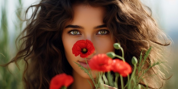 Jonge vrouw in een vintage jurk met een rode papaverbloem tegen haar gezicht in een levendig veld van papaver Generatieve AI