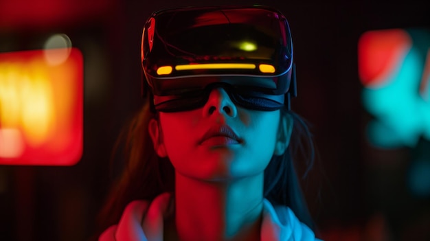 Jonge vrouw in een VR-helm die's nachts een immersieve ervaring experimenteert met Virtual Reality neonglow