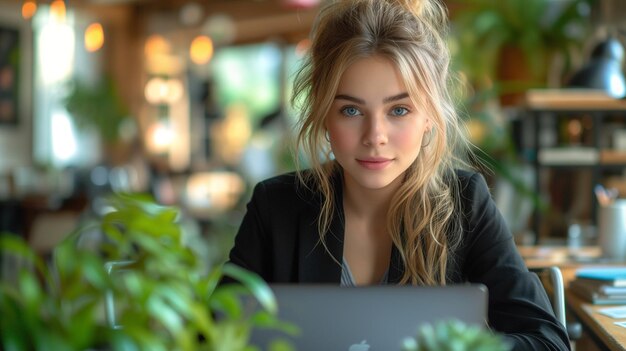 Jonge vrouw in een zwart zakenpak met een grijze laptop in het kantoor zit aan een extra tafel waarop er een huisplant staat Moderne kantoor in lichte kleuren