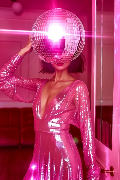 Foto jonge vrouw in feestjurk met disco bal bol nieuwjaars verjaardag kerstfeest glitter glanzend doek mode shot ai gegenereerde fotografie roze kleur