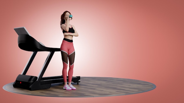 Jonge vrouw in fitnesskleding die een pauze neemt om water te drinken na het uitvoeren van 3D-illustratie