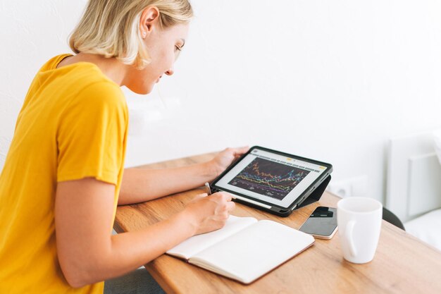 Jonge vrouw in gele t-shirt bestudeert cryptovaluta-grafieken en aandelenkoersen op digitale tablet thuis