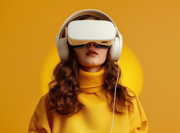 Foto jonge vrouw in gele turtleneck ondergedompeld in virtuele realiteit met een moderne witte vr headset en hoofd