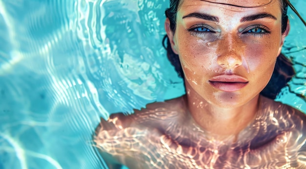 Foto jonge vrouw in glinsterend zwembadwater