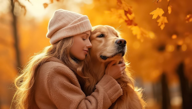 Jonge vrouw in het park met haar hond in de herfst